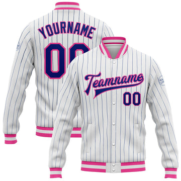 FUNSTUFFPRINT Custom White Royal Pinstripe Pink Bomber Full-Snap Varsity Letterman Jacket 3D Baseball Jacket