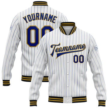 FUNSTUFFPRINT Custom White Royal Pinstripe Old Gold-Black Bomber Full-Snap Varsity Letterman Jacket 3D Baseball Jacket
