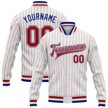 FUNSTUFFPRINT Custom White Red Pinstripe Royal Bomber Full-Snap Varsity Letterman Jacket 3D Baseball Jacket