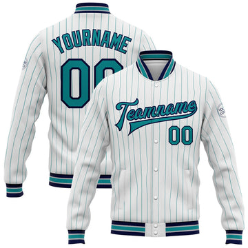 FUNSTUFFPRINT Custom White Teal Pinstripe Navy Bomber Full-Snap Varsity Letterman Jacket 3D Baseball Jacket