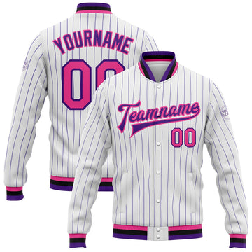 FUNSTUFFPRINT Custom White Purple Pinstripe Pink-Black Bomber Full-Snap Varsity Letterman Jacket 3D Baseball Jacket