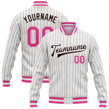 FUNSTUFFPRINT Custom White Brown Pinstripe Pink Bomber Full-Snap Varsity Letterman Jacket 3D Baseball Jacket