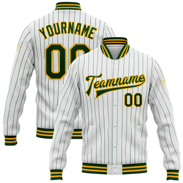 FUNSTUFFPRINT Custom White Green Pinstripe Gold Bomber Full-Snap Varsity Letterman Jacket 3D Baseball Jacket