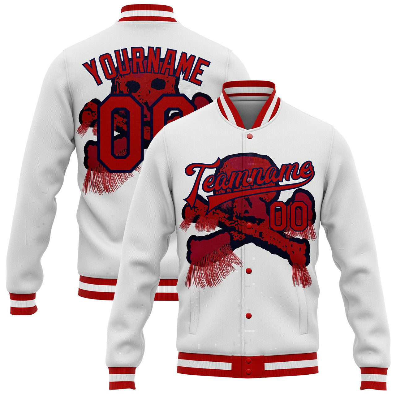 FUNSTUFFPRINT Custom White Red-Navy Skull Fashion 3D Bomber Full-Snap Varsity Letterman Jacket 3D Baseball Jacket