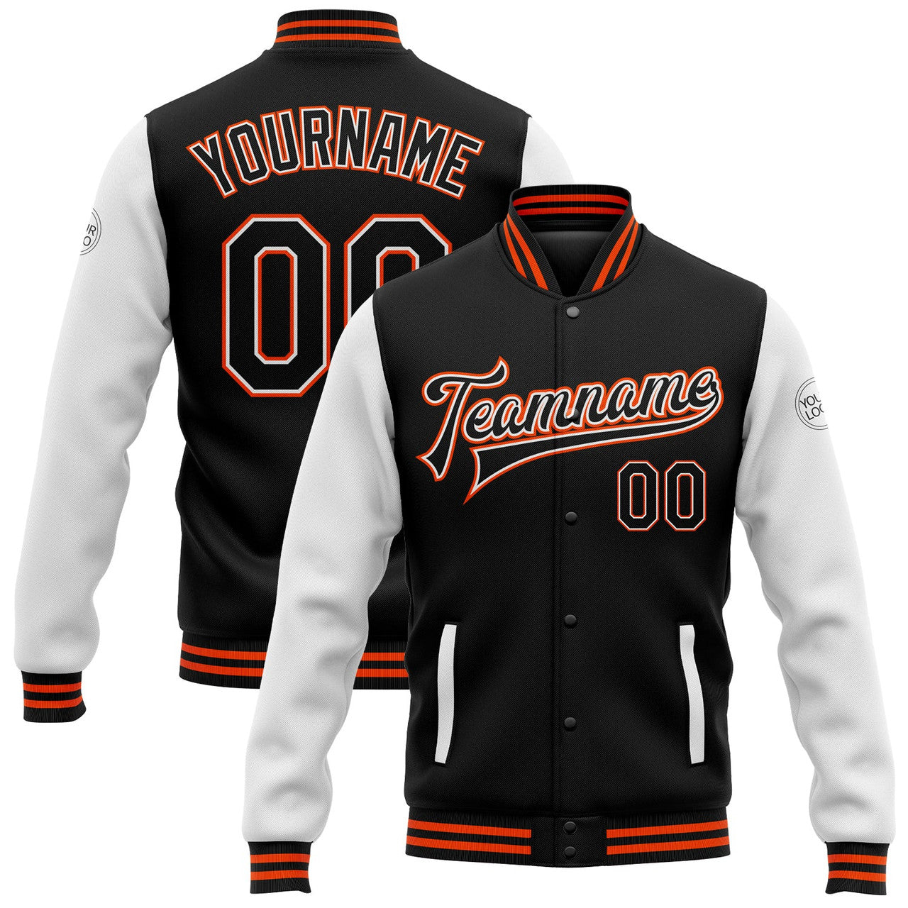 FUNSTUFFPRINT Custom Black White-Orange Bomber Full-Snap Varsity Letterman Two Tone Jacket 3D Baseball Jacket