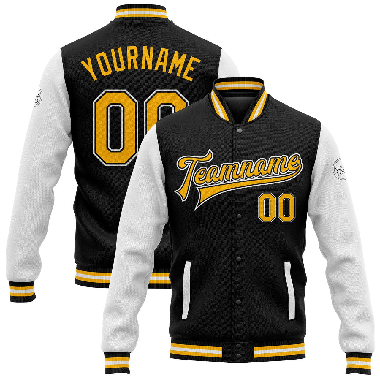 FUNSTUFFPRINT Custom Black Gold-White Bomber Full-Snap Varsity Letterman Two Tone Jacket 3D Baseball Jacket