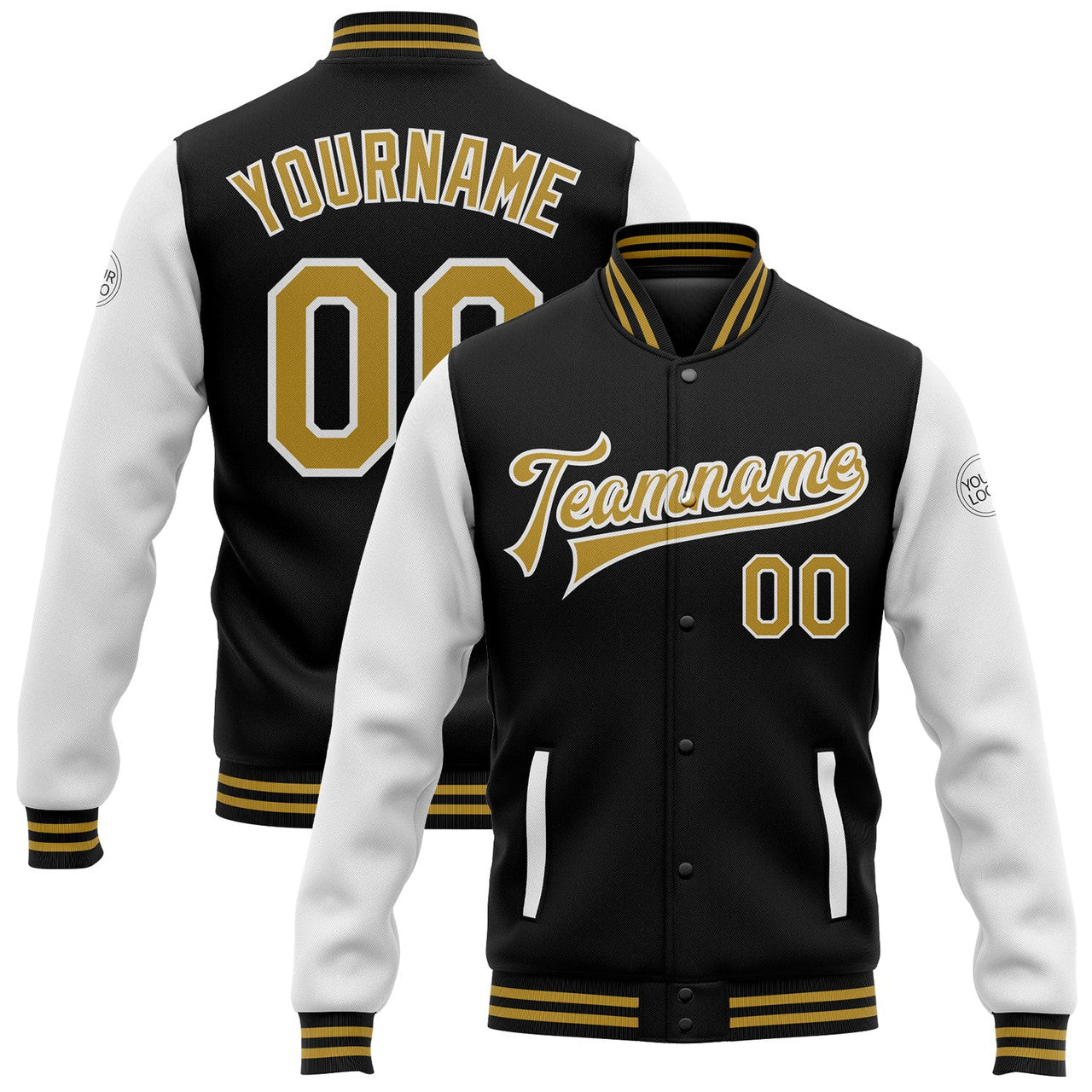 FUNSTUFFPRINT Custom Black Old Gold-White Bomber Full-Snap Varsity Letterman Two Tone Jacket 3D Baseball Jacket