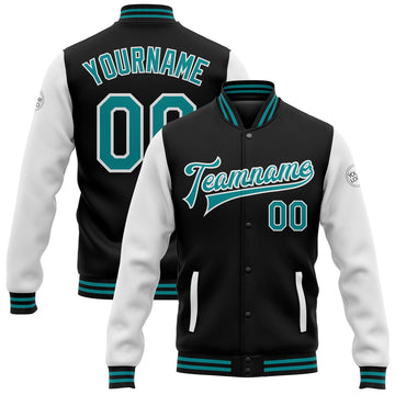 FUNSTUFFPRINT Custom Black Teal-White Bomber Full-Snap Varsity Letterman Two Tone Jacket 3D Baseball Jacket