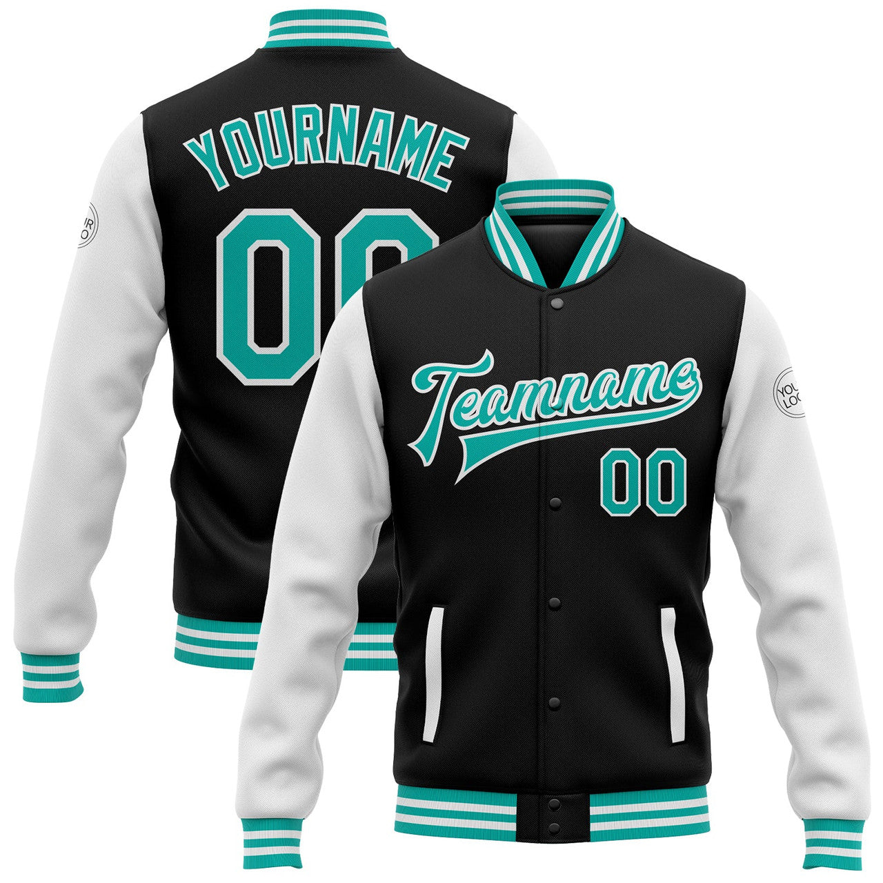 FUNSTUFFPRINT Custom Black Aqua-White Bomber Full-Snap Varsity Letterman Two Tone Jacket 3D Baseball Jacket