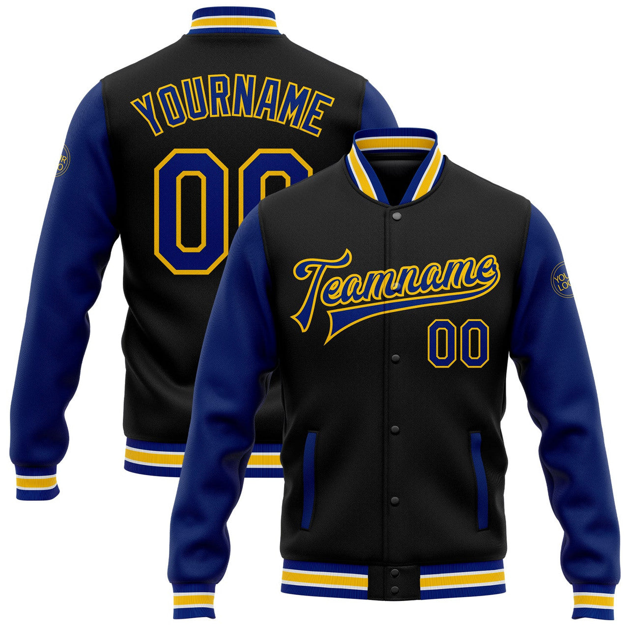 FUNSTUFFPRINT Custom Black Royal-Yellow Bomber Full-Snap Varsity Letterman Two Tone Jacket 3D Baseball Jacket