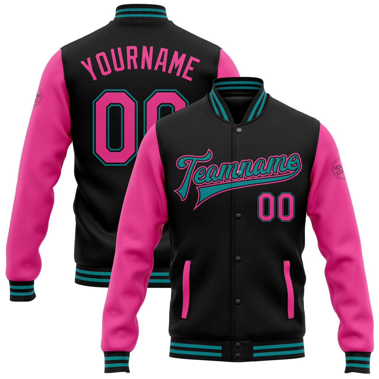 FUNSTUFFPRINT Custom Black Pink-Teal Bomber Full-Snap Varsity Letterman Two Tone Jacket 3D Baseball Jacket
