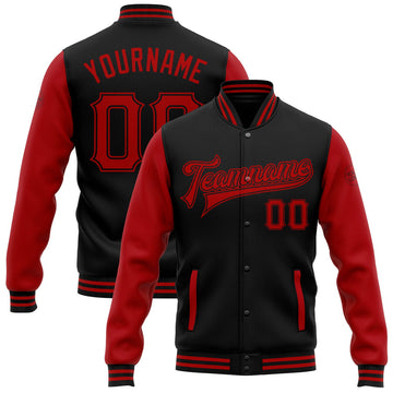 FUNSTUFFPRINT Custom Black Red Bomber Full-Snap Varsity Letterman Two Tone Jacket 3D Baseball Jacket