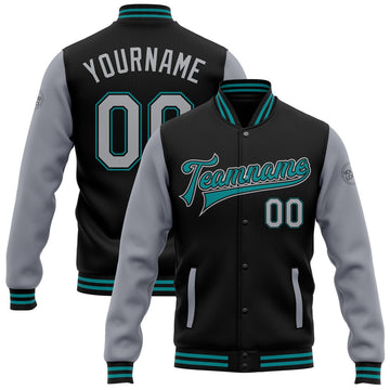 FUNSTUFFPRINT Custom Black Gray-Teal Bomber Full-Snap Varsity Letterman Two Tone Jacket 3D Baseball Jacket