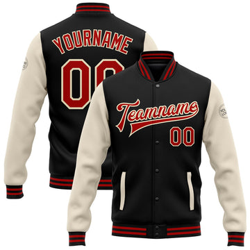 FUNSTUFFPRINT Custom Black Red-Cream Bomber Full-Snap Varsity Letterman Two Tone Jacket 3D Baseball Jacket