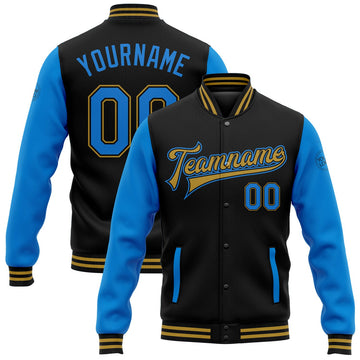 FUNSTUFFPRINT Custom Black Powder Blue-Old Gold Bomber Full-Snap Varsity Letterman Two Tone Jacket 3D Baseball Jacket
