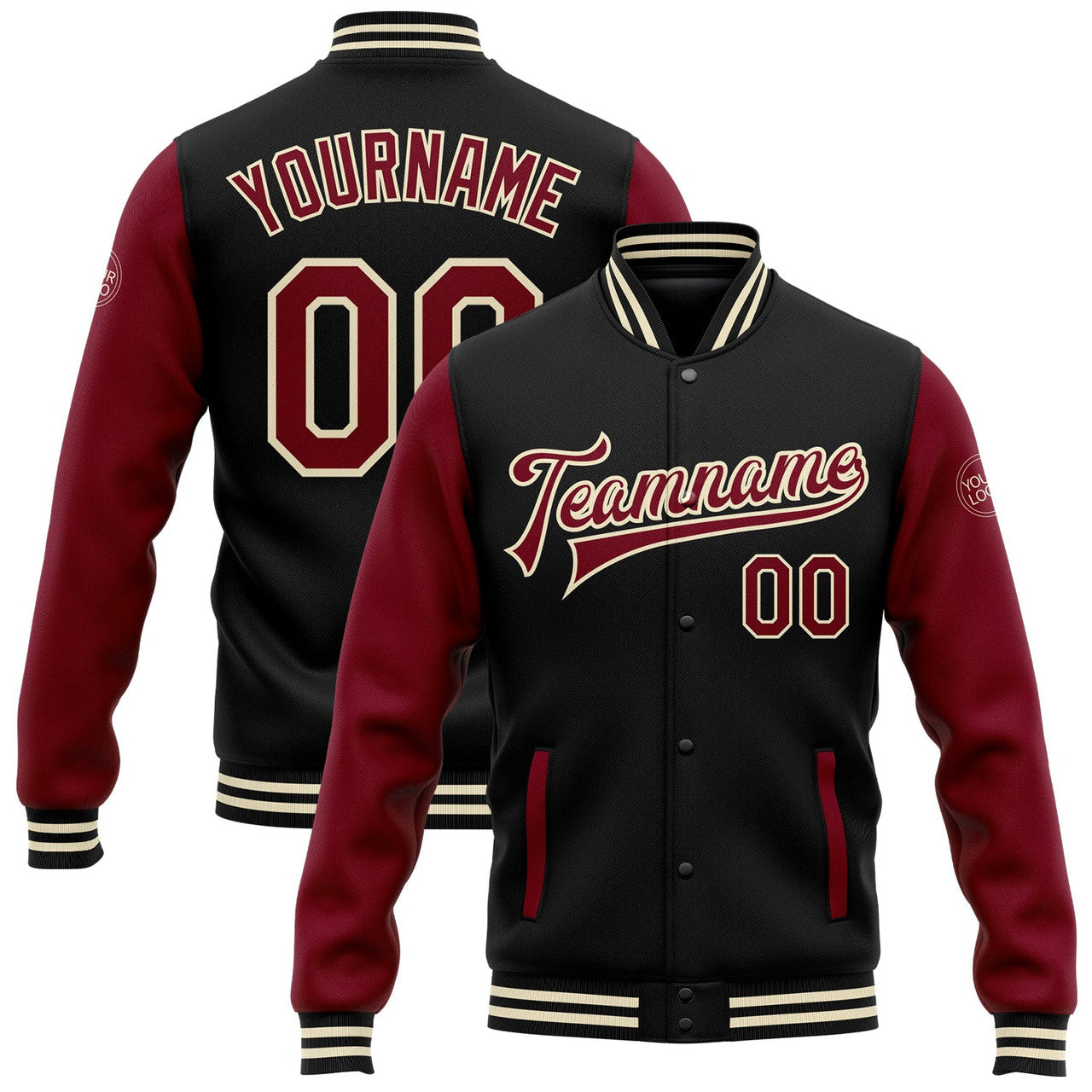 FUNSTUFFPRINT Custom Black Crimson-Cream Bomber Full-Snap Varsity Letterman Two Tone Jacket 3D Baseball Jacket