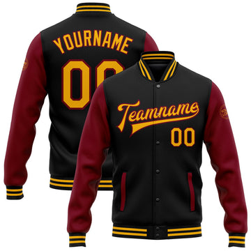FUNSTUFFPRINT Custom Black Gold-Crimson Bomber Full-Snap Varsity Letterman Two Tone Jacket 3D Baseball Jacket