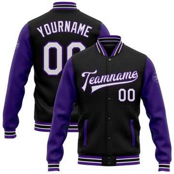 FUNSTUFFPRINT Custom Black White-Purple Bomber Full-Snap Varsity Letterman Two Tone Jacket 3D Baseball Jacket