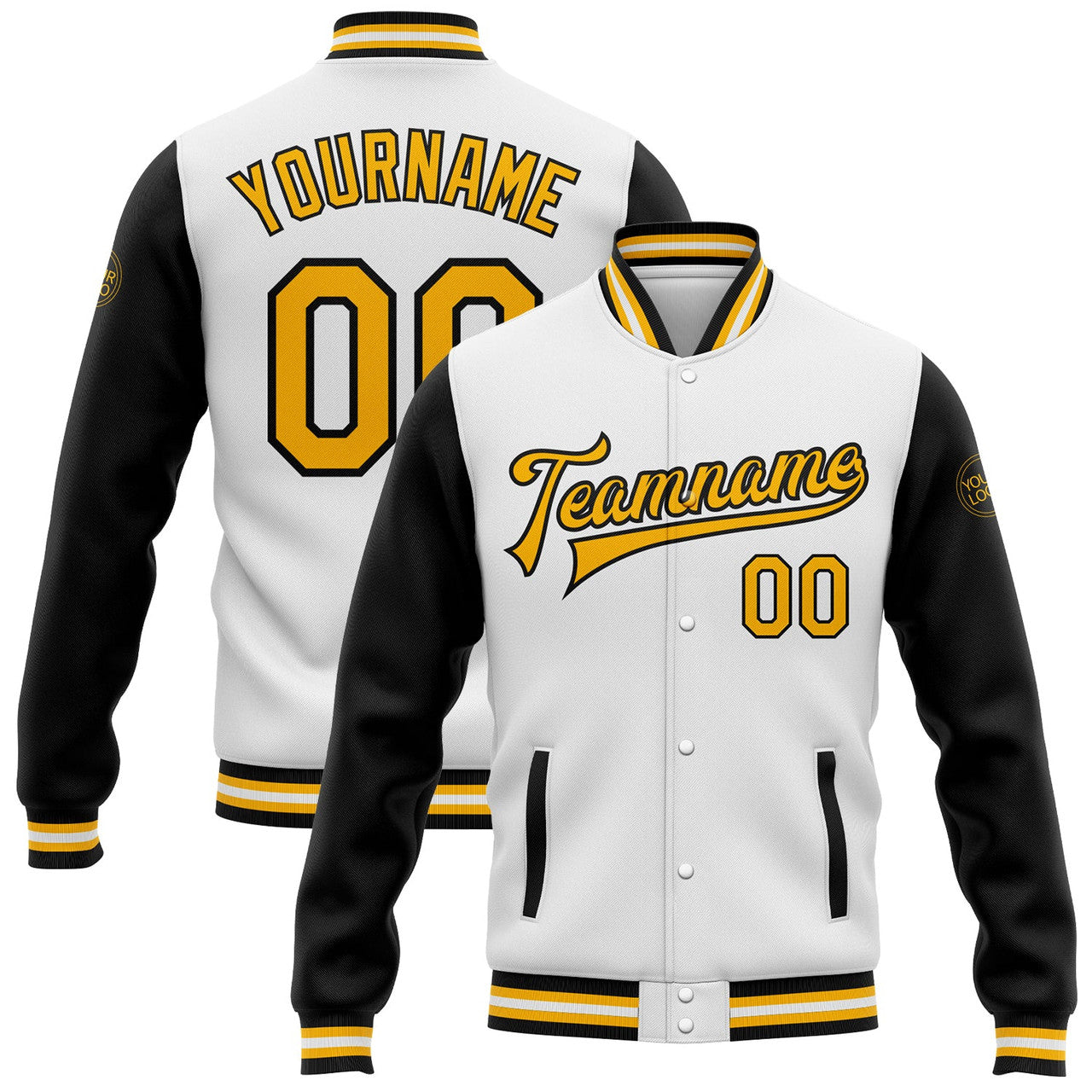 FUNSTUFFPRINT Custom White Gold-Black Bomber Full-Snap Varsity Letterman Two Tone Jacket 3D Baseball Jacket