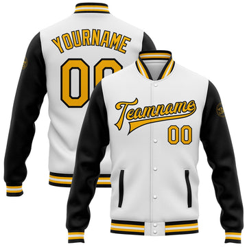 FUNSTUFFPRINT Custom White Gold-Black Bomber Full-Snap Varsity Letterman Two Tone Jacket 3D Baseball Jacket