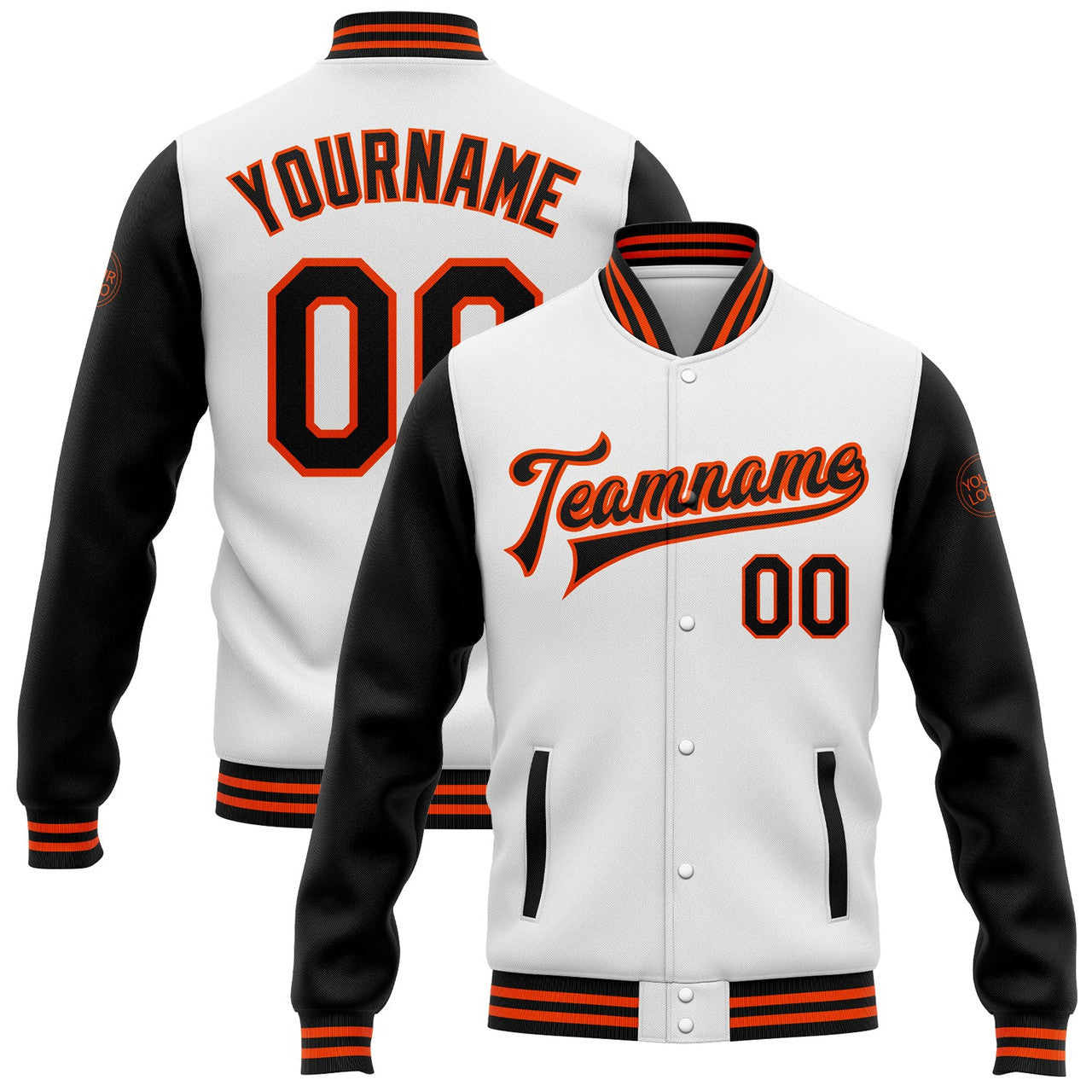 FUNSTUFFPRINT Custom White Black-Orange Bomber Full-Snap Varsity Letterman Two Tone Jacket 3D Baseball Jacket