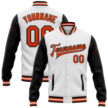 FUNSTUFFPRINT Custom White Orange-Black Bomber Full-Snap Varsity Letterman Two Tone Jacket 3D Baseball Jacket