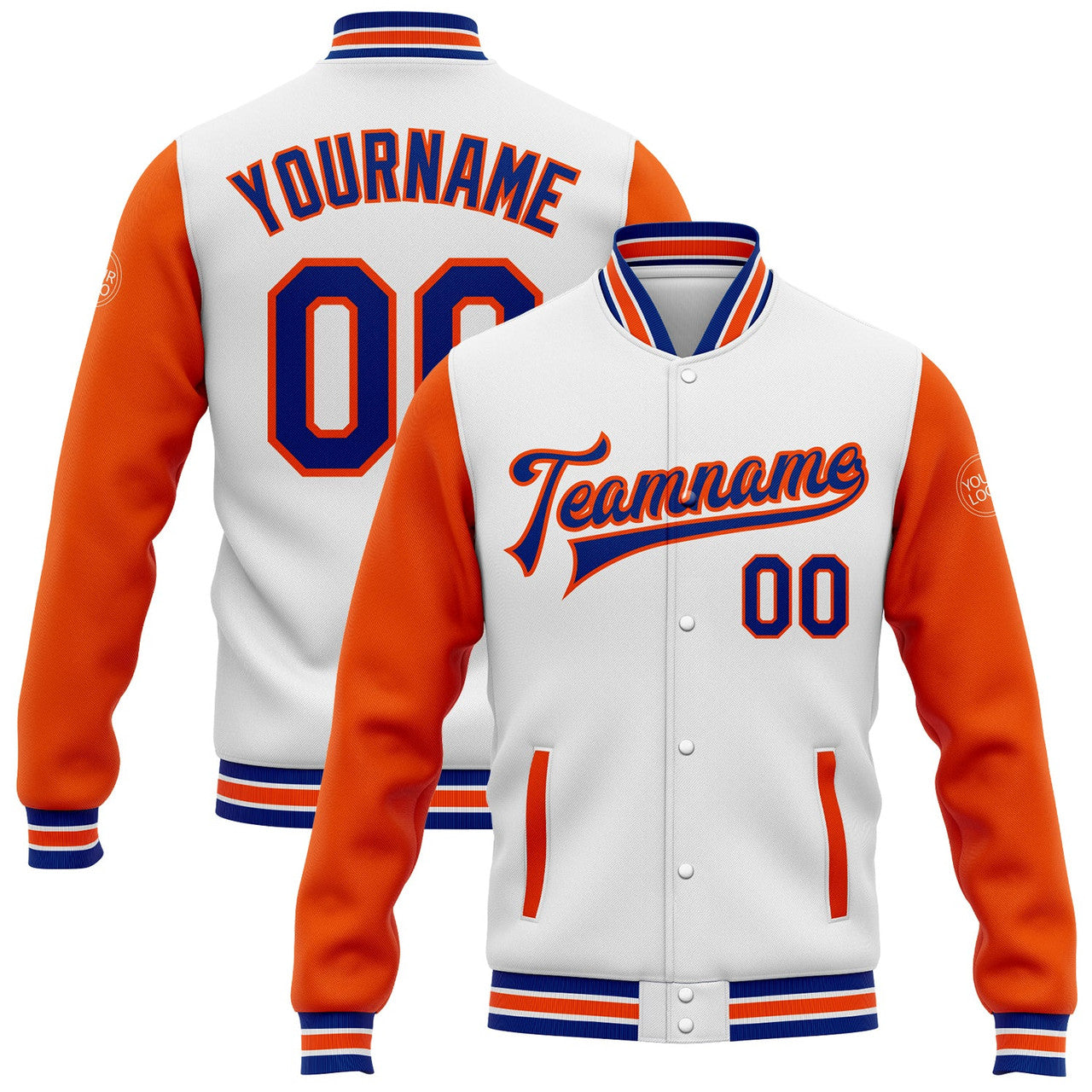FUNSTUFFPRINT Custom White Royal-Orange Bomber Full-Snap Varsity Letterman Two Tone Jacket 3D Baseball Jacket