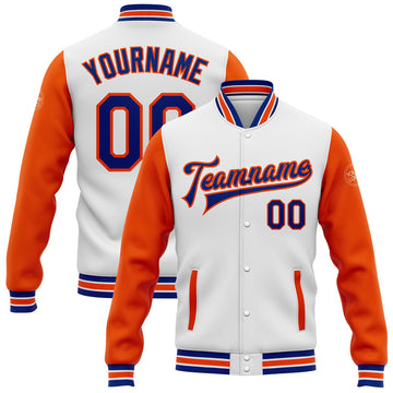 FUNSTUFFPRINT Custom White Royal-Orange Bomber Full-Snap Varsity Letterman Two Tone Jacket 3D Baseball Jacket