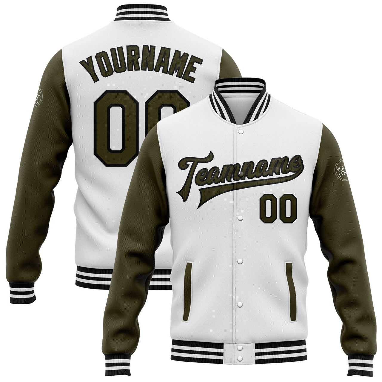 FUNSTUFFPRINT Custom White Olive-Black Bomber Full-Snap Varsity Letterman Two Tone Jacket 3D Baseball Jacket