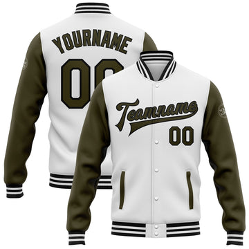 FUNSTUFFPRINT Custom White Olive-Black Bomber Full-Snap Varsity Letterman Two Tone Jacket 3D Baseball Jacket