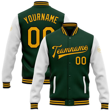 FUNSTUFFPRINT Custom Green Gold-Black Bomber Full-Snap Varsity Letterman Two Tone Jacket 3D Baseball Jacket