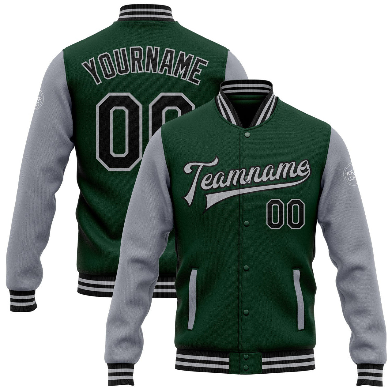 FUNSTUFFPRINT Custom Green Black-Gray Bomber Full-Snap Varsity Letterman Two Tone Jacket 3D Baseball Jacket
