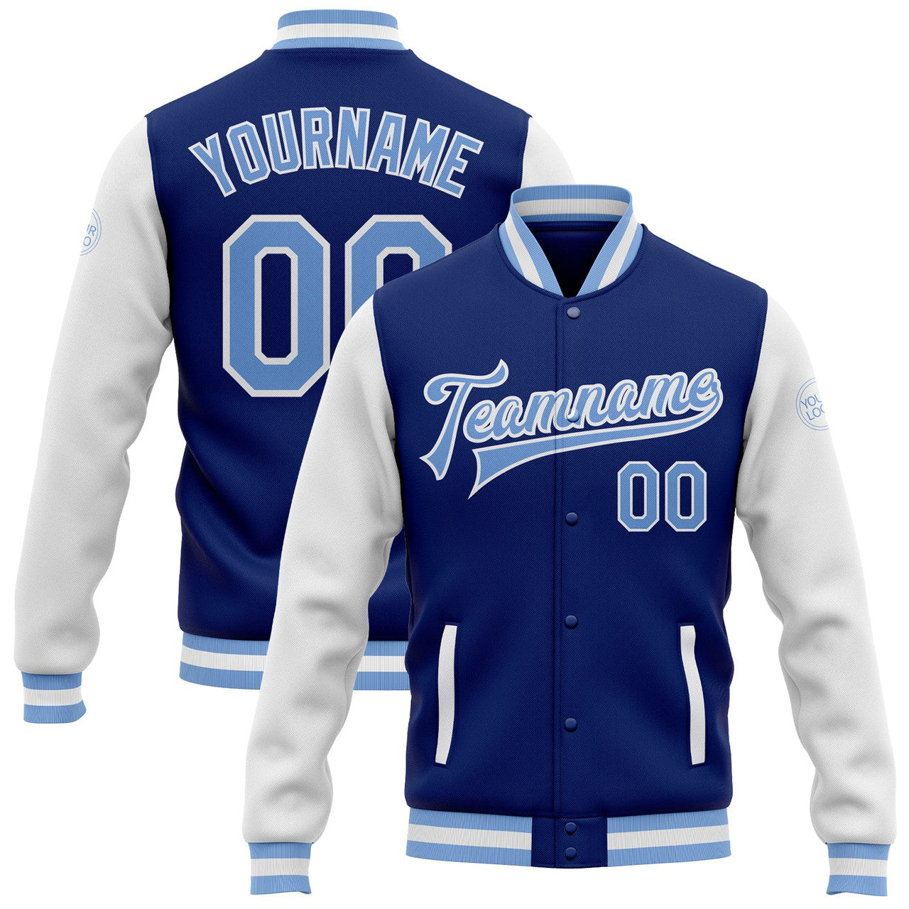 FUNSTUFFPRINT Custom Royal Light Blue-White Bomber Full-Snap Varsity Letterman Two Tone Jacket 3D Baseball Jacket