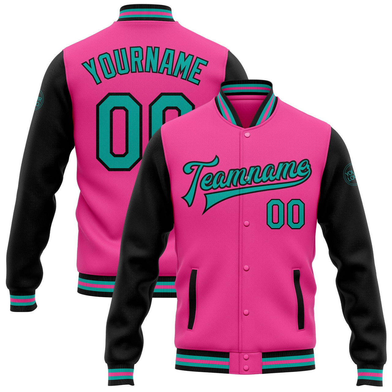 FUNSTUFFPRINT Custom Pink Aqua-Black Bomber Full-Snap Varsity Letterman Two Tone Jacket 3D Baseball Jacket