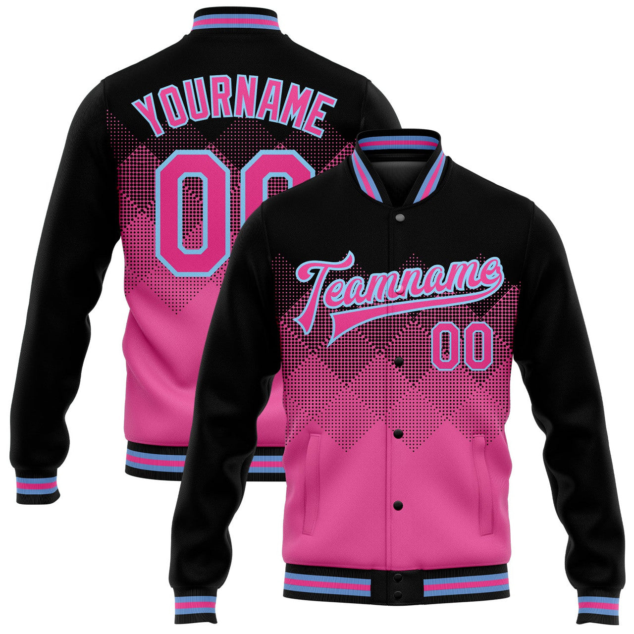 FUNSTUFFPRINT Custom Pink Light Blue-Black 3D Pattern Design Bomber Full-Snap Varsity Letterman Jacket 3D Baseball Jacket