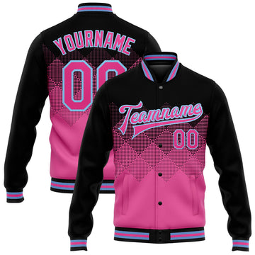 FUNSTUFFPRINT Custom Pink Light Blue-Black 3D Pattern Design Bomber Full-Snap Varsity Letterman Jacket 3D Baseball Jacket