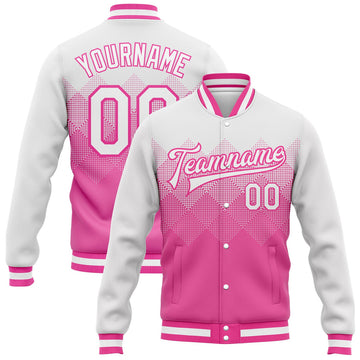 FUNSTUFFPRINT Custom Pink White 3D Pattern Design Bomber Full-Snap Varsity Letterman Jacket 3D Baseball Jacket