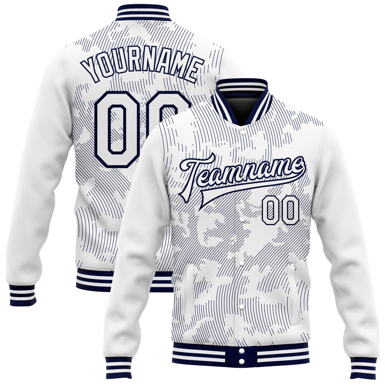 FUNSTUFFPRINT Custom White Navy 3D Pattern Design Bomber Full-Snap Varsity Letterman Jacket 3D Baseball Jacket