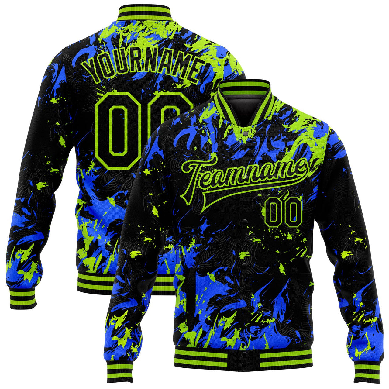 FUNSTUFFPRINT Custom Black Neon Green-Royal 3D Pattern Design Bomber Full-Snap Varsity Letterman Jacket 3D Baseball Jacket