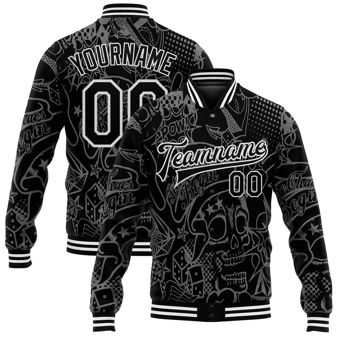 FUNSTUFFPRINT Custom Graffiti Pattern Black-White Skull Fashion 3D Bomber Full-Snap Varsity Letterman Jacket 3D Baseball Jacket