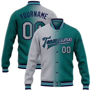FUNSTUFFPRINT Custom Teal Gray-Navy Bomber Full-Snap Varsity Letterman Gradient Fashion Jacket 3D Baseball Jacket