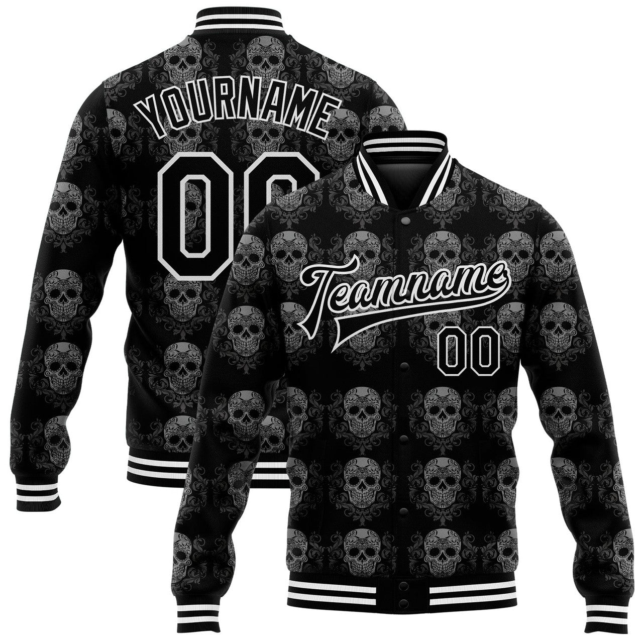 FUNSTUFFPRINT Custom Black White Skull Fashion 3D Bomber Full-Snap Varsity Letterman Jacket 3D Baseball Jacket