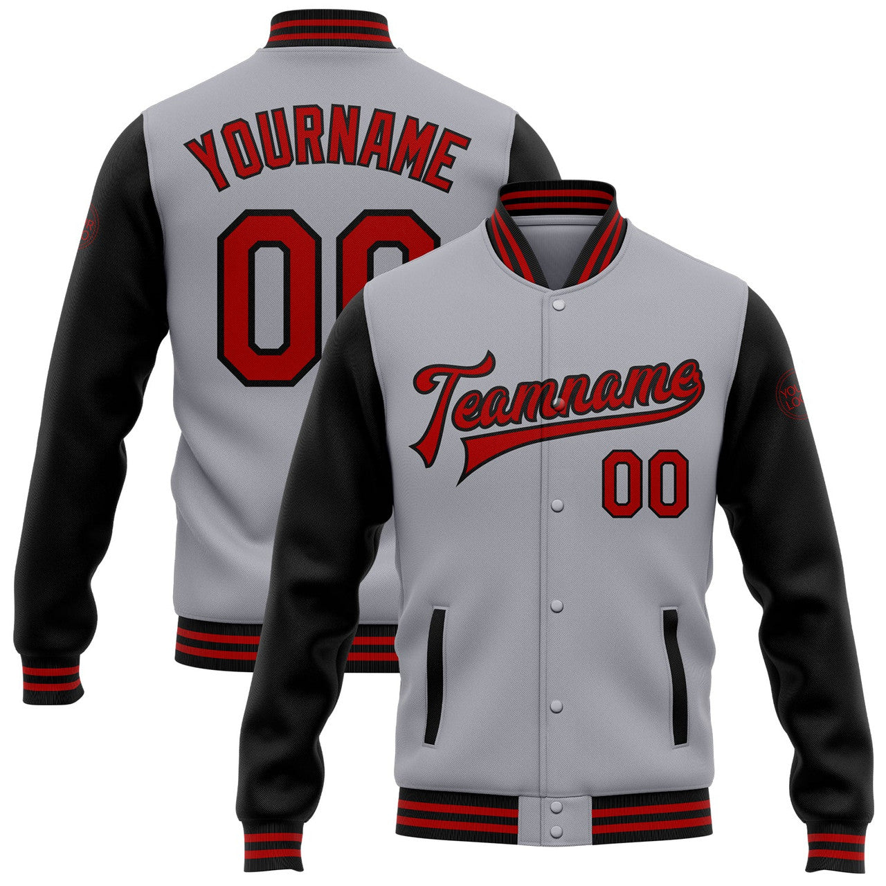 FUNSTUFFPRINT Custom Gray Red-Black Bomber Full-Snap Varsity Letterman Two Tone Jacket 3D Baseball Jacket