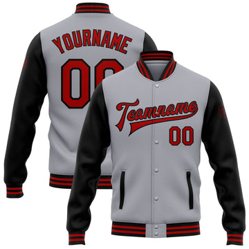 FUNSTUFFPRINT Custom Gray Red-Black Bomber Full-Snap Varsity Letterman Two Tone Jacket 3D Baseball Jacket