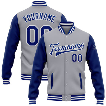 FUNSTUFFPRINT Custom Gray Royal-White Bomber Full-Snap Varsity Letterman Two Tone Jacket 3D Baseball Jacket