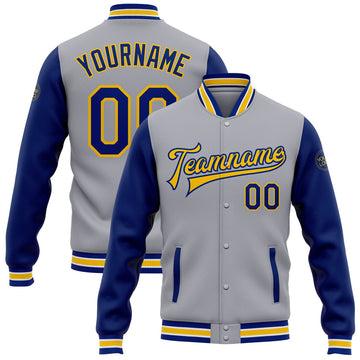 FUNSTUFFPRINT Custom Gray Royal-Yellow Bomber Full-Snap Varsity Letterman Two Tone Jacket 3D Baseball Jacket