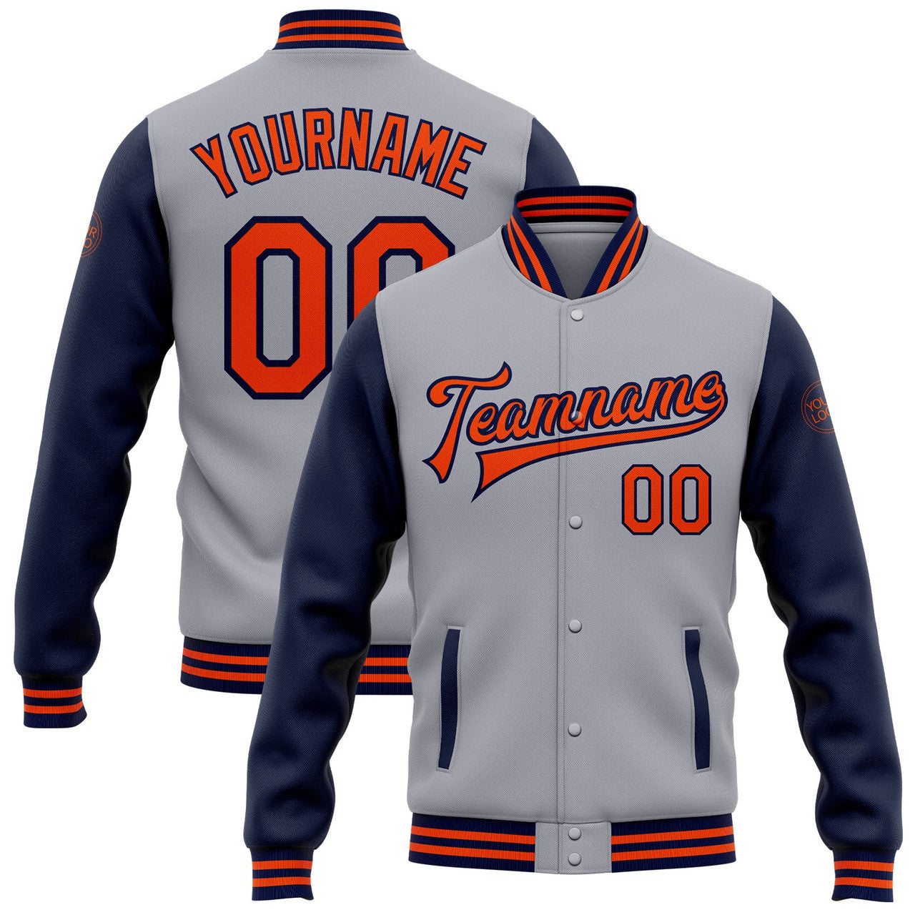 FUNSTUFFPRINT Custom Gray Orange-Navy Bomber Full-Snap Varsity Letterman Two Tone Jacket 3D Baseball Jacket