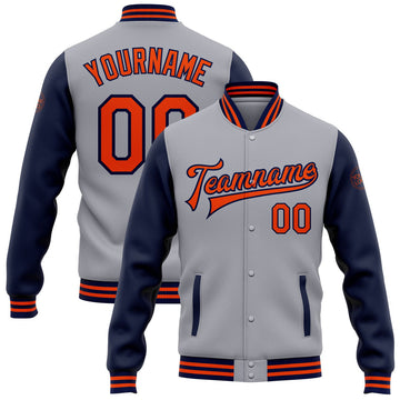 FUNSTUFFPRINT Custom Gray Orange-Navy Bomber Full-Snap Varsity Letterman Two Tone Jacket 3D Baseball Jacket