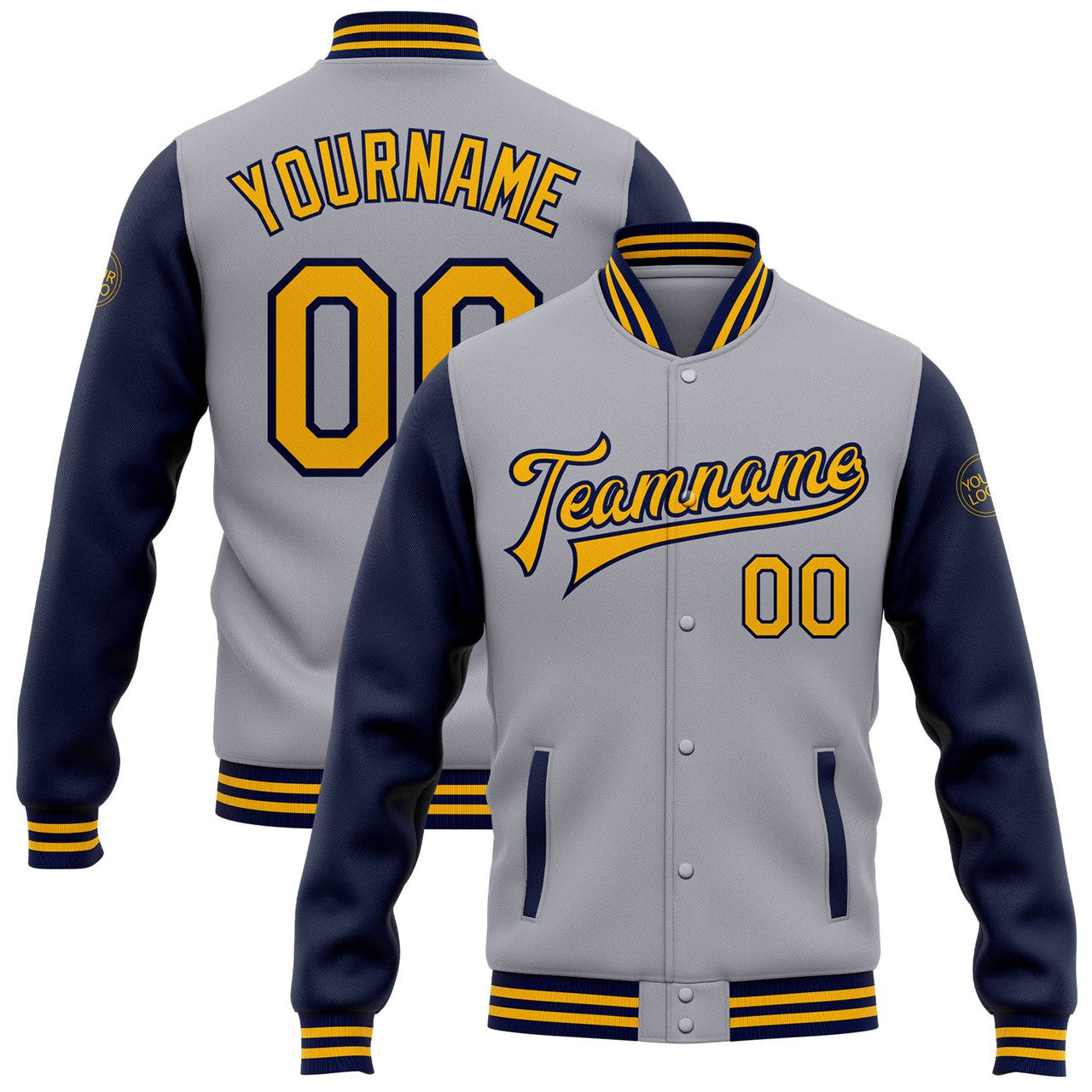 FUNSTUFFPRINT Custom Gray Gold-Navy Bomber Full-Snap Varsity Letterman Two Tone Jacket 3D Baseball Jacket