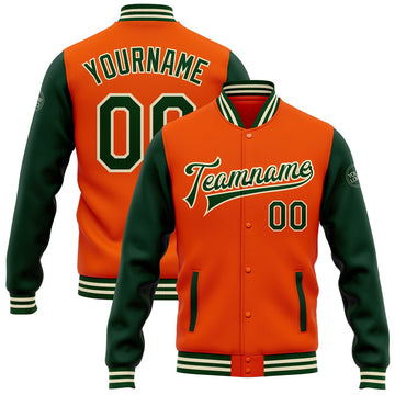 FUNSTUFFPRINT Custom Orange Green-Cream Bomber Full-Snap Varsity Letterman Two Tone Jacket 3D Baseball Jacket